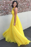Princess Chiffon A-line Halter Long Yellow Backless Sleeveless Prom Dresses UK RJS423