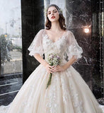 Princess Half Sleeve Ball Gown Wedding Dresses Appliques V Neck Bride Dresses Rjerdress