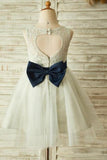 Princess Ivory Beautiful Lace and Tulle Scoop Open Back Cheap Flower Girl Dresses with Bow Rjerdress