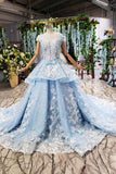 Princess Light Blue Ball Gown Cap Sleeve Quinceanera Dresses With 3D Flowers