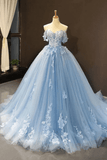 Princess Light Sky Blue Off The Shoulder Sweetheart Tulle Prom Dresses With Applique Ball Gown  Quinceanera Dresses