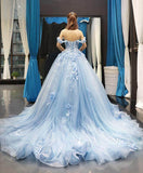 Princess Light Sky Blue Off The Shoulder Sweetheart Tulle Prom Dresses With Applique Ball Gown  Quinceanera Dresses Rjerdress