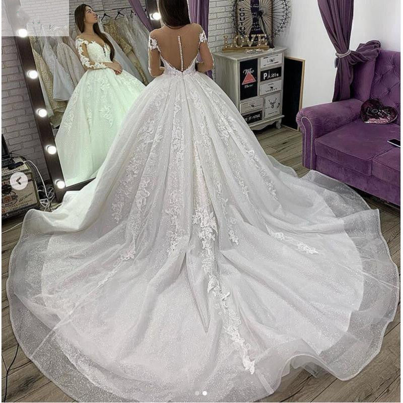 Princess Long Ball Gown Long Sleeves V Neck Tulle Wedding Dress With Appliques Rjerdress