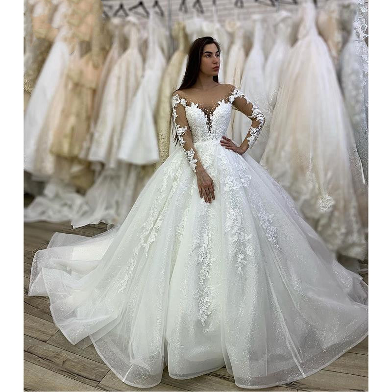 Princess Long Ball Gown Long Sleeves V Neck Tulle Wedding Dress With Appliques Rjerdress