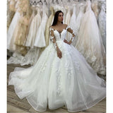 Princess Long Ball Gown Long Sleeves V Neck Tulle Wedding Dress With Appliques