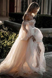 Princess Long Puff Sleeves Off The Shoulder Tulle Wedding Dresses, Beach Wedding Gowns Rjerdress