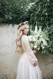 Princess Long Sleeve Lace Top Beach Wedding Dresses With Slit Tulle Ivory Wedding Gowns RJS15299 Rjerdress