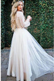 Princess Long Sleeve Lace Top Beach Wedding Dresses With Slit Tulle Ivory Wedding Gowns RJS15299