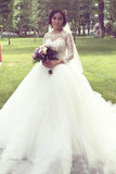 Princess Long Sleeves Bateau Ball Gown Tulle Wedding Dresses With Lace Appliques