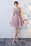 Princess Pink A Line V Neck Flowers Tulle Lace up Short Mini Homecoming Dresses RJS877 Rjerdress