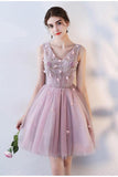 Princess Pink A Line V Neck Flowers Tulle Lace up Short Mini Homecoming Dresses RJS877