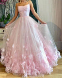 Princess Pink Spaghetti Straps Prom Dresses Scoop Long Cheap Dance Dress With Flowers Rjerdress