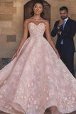 Princess Sexy A-Line Sweetheart Strapless Pink Beaded Lace Prom Dress with Appliques RJS801