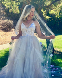 Princess Spaghetti Straps V Neck Tulle Long Wedding Dresses Rjerdress