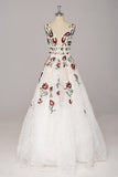 Princess Straps V Neck Lace Prom Dresses With Floral, Backless Long Evening Dresses Rjerdress