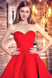 Princess Sweetheart Red Satin with Ruffles Asymmetrical High Low Classic Prom Dresses rjs622 Rjerdress