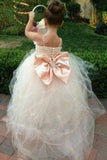 Princess Tulle Beading Spaghetti Straps Bowknot Flower Girl Dresses Lovely Tutu Dress Rjerdress