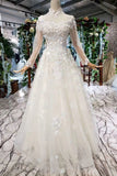 Princess Tulle High Neck Long Sleeve Handmade Flowers Lace up Prom Dresses RJS795