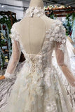 Princess Tulle High Neck Long Sleeve Handmade Flowers Lace up Prom Dresses RJS795 Rjerdress