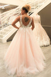 Princess V Neck Pink Long Tulle Lace Appliques Open Back Prom Dresses Rjerdress