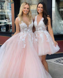 Princess V Neck Pink Long Tulle Lace Appliques Open Back Prom Dresses Rjerdress