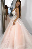 Princess V Neck Pink Long Tulle Lace Appliques Open Back Prom Dresses
