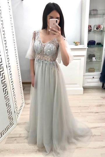 Princess V Neck Short Sleeve Gray Long Tulle  Prom Dresses RJS894 Rjerdress