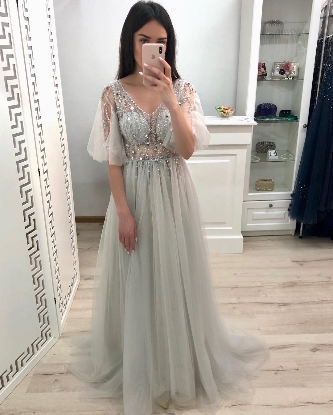 Princess V Neck Short Sleeve Gray Long Tulle  Prom Dresses RJS894 Rjerdress