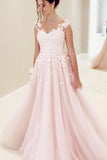 Princess pink organza lace A-line long prom dress with straps for teens Rjerdress