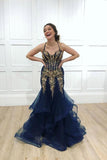 Prom Dress Spaghetti Straps Mermaid With Beaded Crystal Tulle Plus Size Evening Dresses RJS151