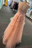 Prom Dress Tulle A-Line One Shoulder Sweep Train With Appliques Rjerdress