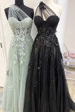 Prom Dress Tulle A-Line One Shoulder Sweep Train With Appliques Rjerdress
