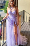 Prom Dress Tulle A-Line One Shoulder Sweep Train With Appliques
