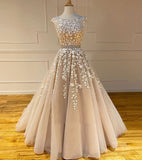 Prom Dress Tulle A-Line Scoop Neck Sweep Train With Appliques Rjerdress