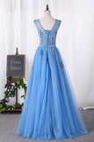 Prom Dresses A Line Lace Up Tulle Scoop With Applique And Sash Rjerdress