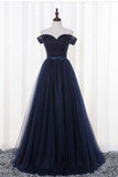 Prom Dresses A-Line Off-The-Shoulder Tulle Floor-Length Dark Navy Color
