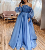 Prom Dresses A Line Off The Shoulder Tulle With Applique Long Sleeves Rjerdress