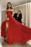 Prom Dresses A Line Spaghetti Straps Chiffon Red With Slit Rjerdress