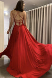 Prom Dresses A Line Spaghetti Straps Chiffon Red With Slit Rjerdress