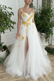Prom Dresses A-Line Spaghetti Straps Sweetheart Floor-Length Tulle With Applique & Split Rjerdress