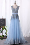 Prom Dresses A-Line V-Neck Floor-Length Tulle With Applique