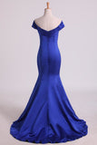 Prom Dresses Off The Shoulder Satin Mermaid Dark Royal Blue Sweep Train Rjerdress