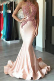 Prom Dresses Scoop See-Through Mermaid Elastic Satin With Applique