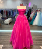Prom Evening Dresses A Line Strapless Satin Tulle Sweep Train Zipper Up
