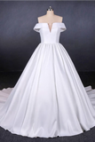 Puffy Off The Shoulder Satin Bridal Dress, Ball Gown Long Bridal Style  With Long Train
