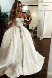 Puffy Off The Shoulder Satin Long Wedding Dresses With Pockets