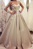 Puffy Sheer Neck Long Sleeves Satin Prom Dress With Appliques Rjerdress