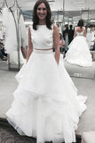 Pure White Organza tiered two piece round neck A-line long prom dresses