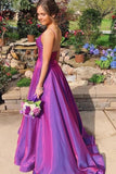 Purple A Line Grape Spaghetti Straps Satin V Neck Long Prom Dresses, Backless Evening Dresses