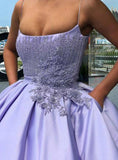 Purple Ball Gown Spaghetti Straps Satin Prom Dress With Pocket Quinceanera Dress Rjerdress